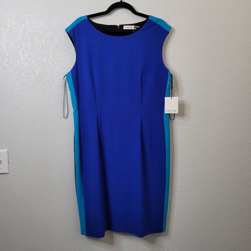 Calvin Klein blue black color blocked sleeveless shealth dress zip up lined 14